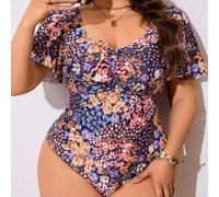 Damen Große Größen asymmetrischer Blümchen-Rüschen-Saum Kurzarm Badeanzug, Sommer Strand