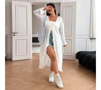 Damen Große Größen Casual Urlaubs Minimalistische einfarbige Rüschen Ärmel halb-transparente extra lange Jacke, geeignet für Frühling, Sommer, Herbst