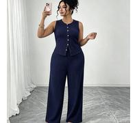Damen Große Größen Einfarbig strukturiertes 2 Stücke Set, bestehend aus ärmelloser Crew-Neck Knopf Figurbetonter Tanktop und Highwaist Loose Straight