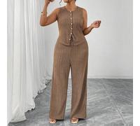 Damen Große Größen Einfarbig strukturiertes 2-teiliges Set, bestehend aus ärmelloser Crew-Neck Knopf-Passform Tanktop und hochgeschnittener weiter Str