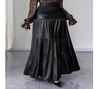 Damen Große Größen einfarbiger Lederrock mit elastischem Bund, gerüschtem Saum und Modischer Lederoptik