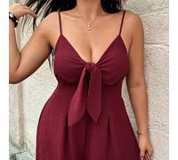 Damen Große Größen einfarbiger strukturierter Jumpsuit mit Spaghettiträgern und Schleifendekor, einfaches lässiges Jumpsuit-Outfit