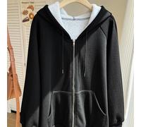 Damen Große Größen einfarbiges Langarm Reißverschluss vorne lässiges weiches formschönes anständiges Kapuzen-Sweatshirt mit Kordelzug formell Date Nig