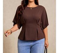 Damen Große Größen Einfarbiges Rundhals Fledermaus Kurzarm Plissee Saum Casual T-Shirt, Damen Business Casual Bluse, Casual Elegante Bluse Braune Ober