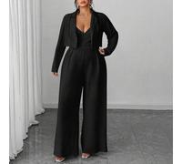 Damen Große Größen Eleganter minimalistischer Business Pendler Blazer Jacke und ärmellose Taille Raffung Weite Bein Jumpsuit 2-teiliges Set