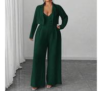 Damen Große Größen Eleganter minimalistischer Business Pendler Blazer Jacke und ärmellose Taille Raffung Weite Bein Jumpsuit 2-teiliges Set