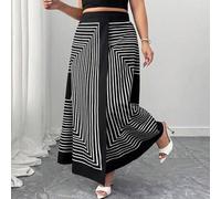 Damen Große Größen eleganter schwarz-weißer geometrischer gestreifter Muster Kontrastbesatz A-Linien Rock, geeignet für Frühling/Sommer, lässige Bürok