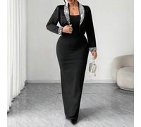 Damen Große Größen Elegantes gestricktes Langarm-Jackett mit Perlenbesatz am Kragen & figurbetontes Kleid mit Schlitz am Rücken 2-teiliges Set