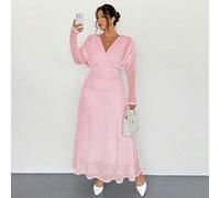 Damen Große Größen elegantes Urlaubskleid aus strukturiertem Stoff mit Raffung, Langarm, V-Ausschnitt, elastischer Taille und ausgestelltem Rock, Herb