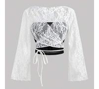Damen Große Größen Farbblockdesign Tiefer V-Ausschnitt Gekreuzter Wickel Elegantes Langarm T-Shirt, Damen, Brunch Damen, Hexen, Corpse Bride