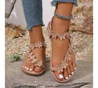Damen Große Größen Flache Aprikose Strand Sandalen, Neue Damen Flache Zehentrenner Sandalen mit offenem Zeh, runder Zehenkappe, Lässig Bohème Floral S