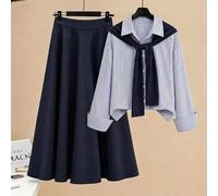 Damen Große Größen Frühling/Herbst Schlankmachendes Blau-Weiß gestreiftes elegantes Business Lässig Hemd mit Marineblau Schal Design + A-Linien Rock 2