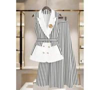 Damen Große Größen Frühling/Sommer Klassisches gestreiftes Patchwork Design Business Chic ärmelloses Blazer und minimalistischer A-Linien gestreifter