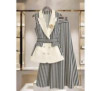 Damen Große Größen Frühling/Sommer Klassisches gestreiftes Patchwork Design Business Chic ärmelloses Blazer und minimalistischer A-Linien gestreifter