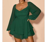 Damen Große Größen Frühling/Sommer Langarm Geraffter Kragen Schlitz Swing Mini Jumpsuit, Satin Stoff, Lässig, Party, Urlaub, Schwarz