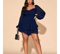 Damen Große Größen Frühling/Sommer Langarm Geraffter Kragen Schlitz Swing Mini Jumpsuit, Satin Stoff, Lässig, Party, Urlaub, Schwarz