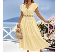 Damen Große Größen Frühling/Sommer Langes Kleid, Weißes gestricktes Jacquard, Elastische Spitze Kragen- und Taillenverzierung, A-Linie Kleid mit Puffä