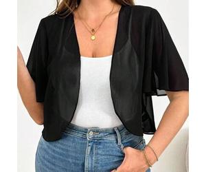 Damen Große Größen Frühling und Sommer Mode Lässig Locker Bequem Atmungsaktiv Kühl Tägliche Transparente Chiffon Schwarze Kurzarm Jacke, Sonnenschutzj