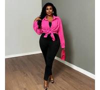 Damen Große Größen Frühling und Sommer Mode Lässig Sport Bequeme Tägliche Lose Rosa Langarm Knopfhemd und Schwarzer Enger Weste Jumpsuit Zweiteiler, F