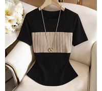 Damen Große Größen gestricktes Regular Fit Sommer Lässig Elegant Bequem Pendeln Minimalistisch Rundhals Kurzarm Farbblock Slim Fit Schwarz T-Shirt