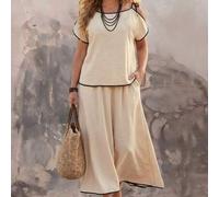 Damen Große Größen Gewebter Sommer Französischer Stil Urlaubs Strand Spaghetti-Träger Off-Shoulder Top mit Kontrastbesatz und Loserem Rock 2-teiliges