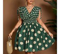 Damen Große Größen grünes Kleid mit V-Ausschnitt, Kordelzug, Schulterträgern, elastischer Taille und Polka Punkten für St. Patrick's Day
