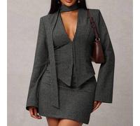 Damen Große Größen Herbst/Winter Dreiteiler im Retro-Stil: Taillierter Blazer + Taillierter Rock + Schal (mit Schulterpolstern); Tweed Zweiteiler; Sch