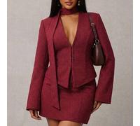 Damen Große Größen Herbst/Winter Dreiteiler im Retro-Stil: Taillierter Blazer + Taillierter Rock + Schal (mit Schulterpolstern) aus rotem Hahnentrittm