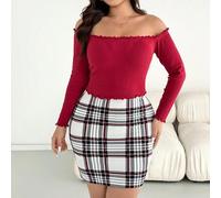 Damen Große Größen Herbst/Winter modischer, bequemer Alltags Zweiteiler: Off-Shoulder rotes Langarm-Oberteil und karierter Rock, Herbst-Outfit, Kurven