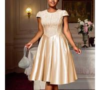 Damen Große Größen Jacquard Rundhals Kurzarm Plissee Elegantes Luxus Kleid Sommer