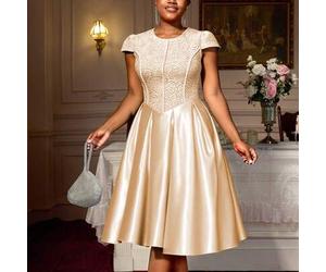 Damen Große Größen Jacquard Rundhals Kurzarm Plissee Elegantes Luxus Kleid Sommer