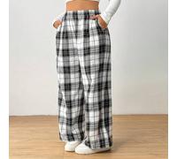 Damen Große Größen Karohose, Schwarz-Weiß Karo Elastischer Bund Taschen Weites Bein Lässig 80er 90er Lose Hose, Damen Herbstkleidung Büro