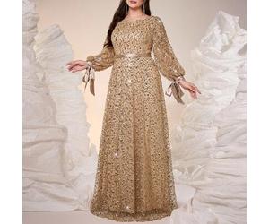 Damen Große Größen Khaki Elegantes Transparentes Spitzen Chiffon Pailletten Laternenärmel Maxikleid Mit Gürtel, Geeignet Für Sommer Hochzeit Gast, Abs