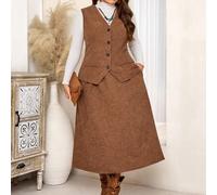 Damen Große Größen Lässig Braun Cord Ärmelloses Weste Jacke und Rock 2-teiliges Set mit Taschen, Herbst/Winter