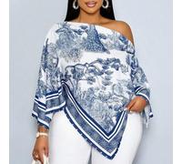 Damen Große Größen Lässig Elegant Aprikot gemustertes asymmetrisches Ausschnitt Langarm Asymmetrischer Saum Bluse Schräge Schulter Gespaltene Ärmel Lo