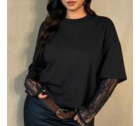 Damen Große Größen Lässig Loose einfarbiges braunes Rundhals T-Shirt, süßes Spitzen-Patchwork transparentes Langarm T-Shirt für Damen, Y2K Chic Lässig