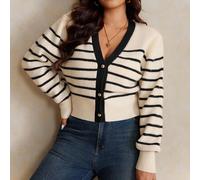 Damen Große Größen Lässiger lockerer Kontraststreifen Langarm Strickjacke für Herbst/Winter