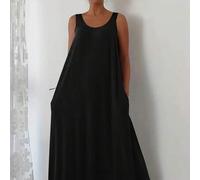 Damen Große Größen Lässiges, luftiges, tägliches, bequemes einfarbiges Rundhals-Ärmelloses lang geschnittenes Kleid, Sommer elegant Schwarz
