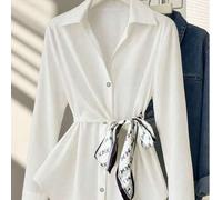 Damen Große Größen Langarm Bluse mit geraffter Taille und Schal, elegante Business-Casual Passform Bluse, Herbst/Winter Weiß Urlaub Frühling