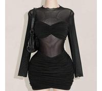 Damen Große Größen Mesh Patchwork transparentes gerafftes Minikleid mit Langarm