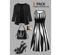 Damen Große Größen Neue 3/4 Ärmel Binden Vorne Strickjacke Jacke Kombiniert mit Asymmetrischem Gestreiftem Rundhals Ärmelloses Kleid 2-Teiliges Set, H