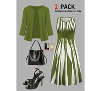 Damen Große Größen Neue 3/4 Ärmel Binden Vorne Strickjacke Jacke Kombiniert mit Asymmetrischem Gestreiftem Rundhals Ärmelloses Kleid 2-Teiliges Set, H