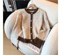 Damen Große Größen Neue Farbblock Strukturierte Strickjacke, Rundhals Pullover Mantel mit Metallknöpfen, Elegante Normale Herbst Oberbekleidung Büro F