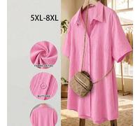Damen Große Größen Rosa strukturiertes gestricktes Stoff Kurzarm Hemd mit Knöpfen vorne, Damen Sommer Bluse, Damen Off-Shoulder Hemd, Off-Shoulder Hem