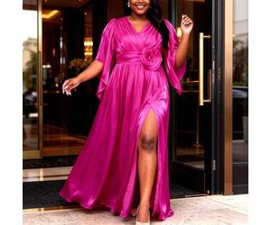 Damen Große Größen Rose Weicher Satin-Finish Elegantes Kleid Mit 3D Blume Hoher Schlitz Hochzeit Abend Geburtstag Party Luxus Abendkleid Für Frauen