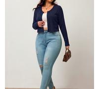 Damen Große Größen Schwarzer Gerippter Strick Kurz-Cardigan - V-Ausschnitt Knopf-Vorderseite Pullover für mühelosen Lagenlook im Herbst