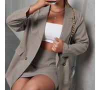 Damen Große Größen Set aus Blazer mit Kragen und Langarm sowie karierter Shorts, ideal für Abschluss, Schulanfang, Lehreroutfit im Herbst/Winter