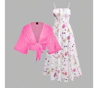 Damen Große Größen Set aus Chiffon Kleid mit Blumenmuster und transparenter Strickjacke, elegantes Sommer Outfit