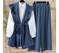 Damen Große Größen Set aus einfarbiger Kontrast-Rüschen-Blazer-Jacke mit Knöpfen und elegantem Pendler-Design + einfarbiger A-Linien-Rock mit Knöpfen,