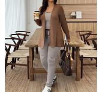 Damen Große Größen Set aus einfarbiger Langarm Strickjacke, gestreiftem Trägertop und Hose, Lässig Anzug